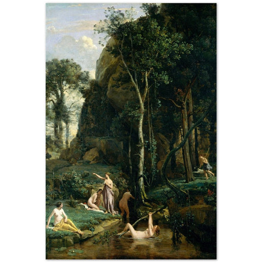 Diana and Actaeon ( Diana Surprised in Her Bath ) by Camille Corot 1836. Antique painting art print. Greek mythology .