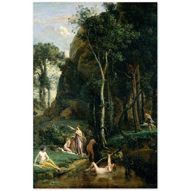 Diana and Actaeon ( Diana Surprised in Her Bath ) by Camille Corot 1836. Antique painting art print. Greek mythology .