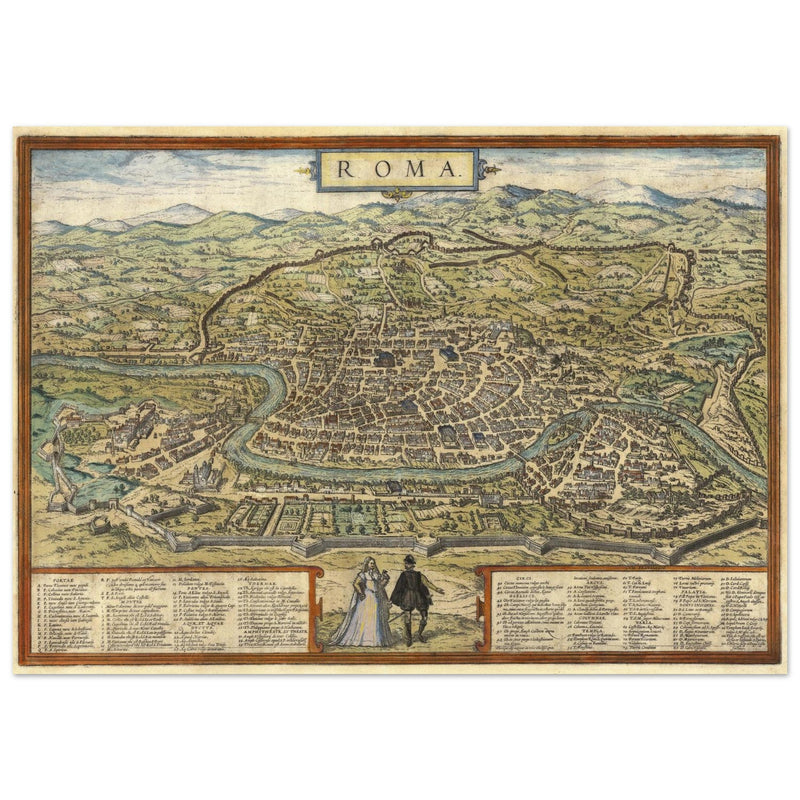 Ancient map of Rome with engravings by Georg Braun and Frans Hogenberg.