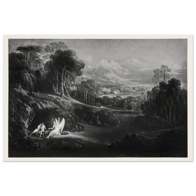 John Martin Paradise Lost vintage mezzoting engraving . Raphael Conversing with Adam and Eve .