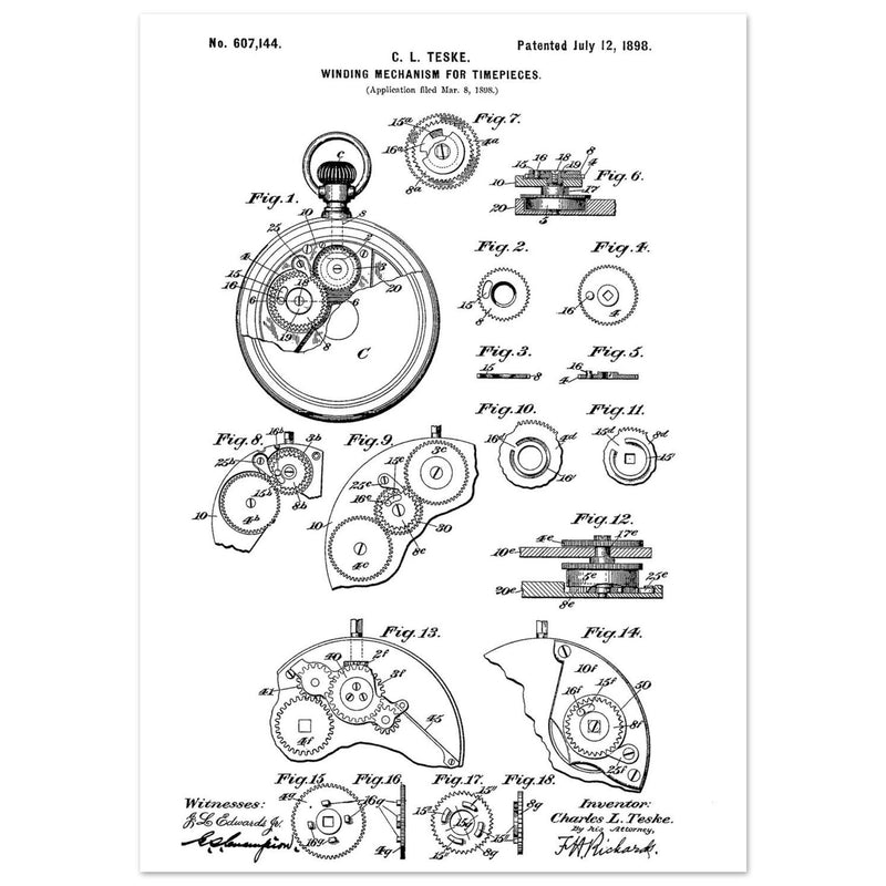Winding Mechanism for Time Pieces, vintage clock patent .