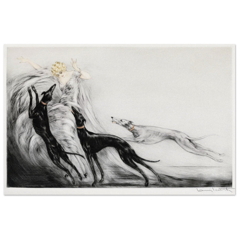 Louis Icart Coursing II - Young Woman with Greyhounds
