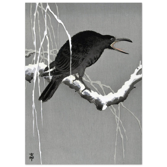 Crow on snowy tree branch by Ohara Koson, ,