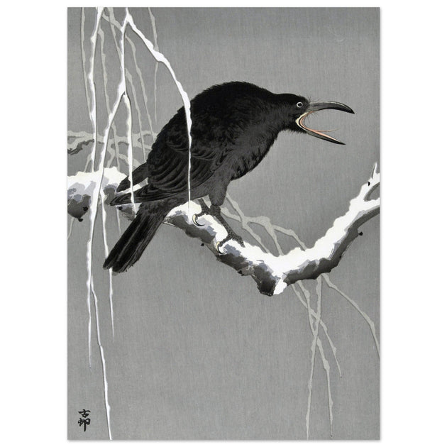 Crow on snowy tree branch by Ohara Koson, ,