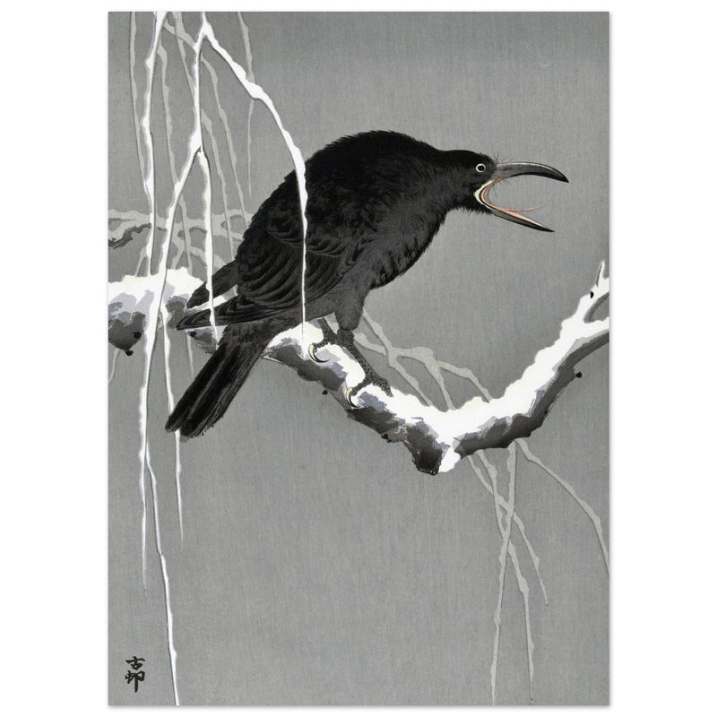 Crow on snowy tree branch by Ohara Koson, ,