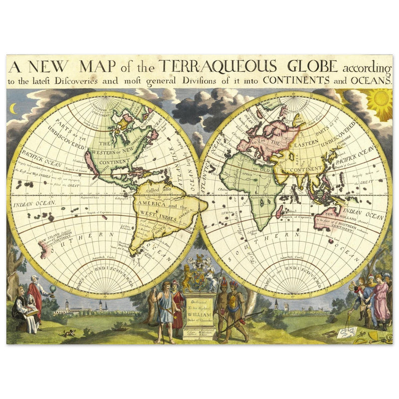 Ancient vintage world map by Edward Wells. Double hemisphere cartography.