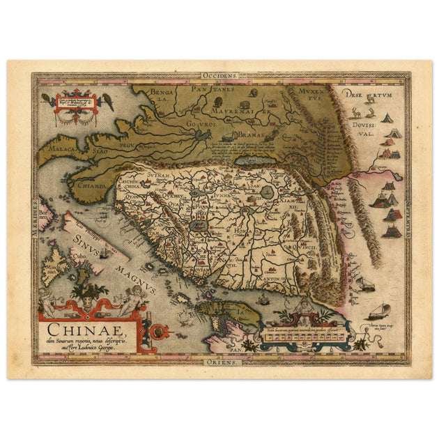 Ancient map of China by cartographer Abraham Ortelius 1584. Vintage historic map.