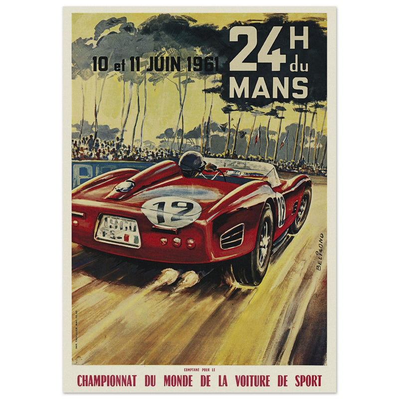 Michel beligond 24 hours Le Mans race 1961 vintage poster . Ferrari classic racing car.