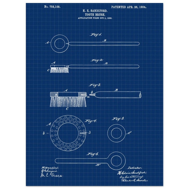 Toothbrush patent illustration by H E Sandiford.