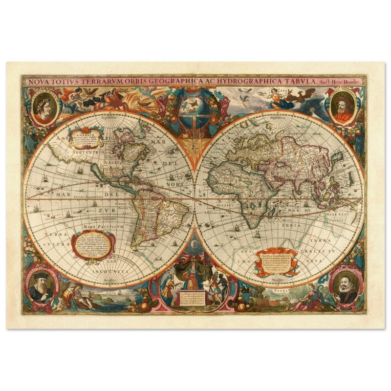 1638 Double hemisphere old world map by Hendrik Hondius.