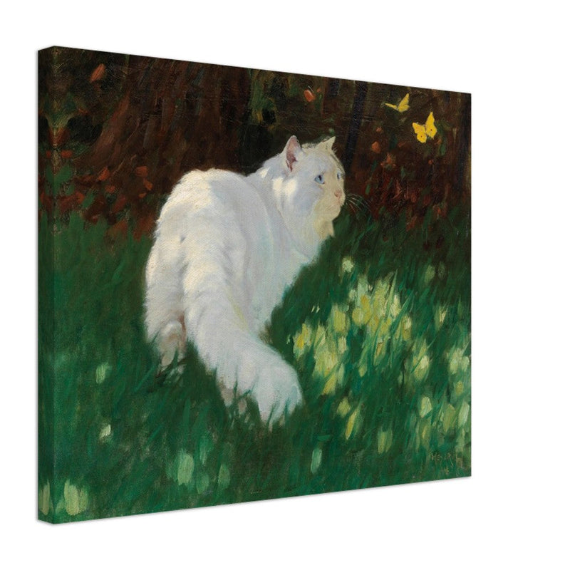White Cat and Butterflies old painting by Arthur Heyer .