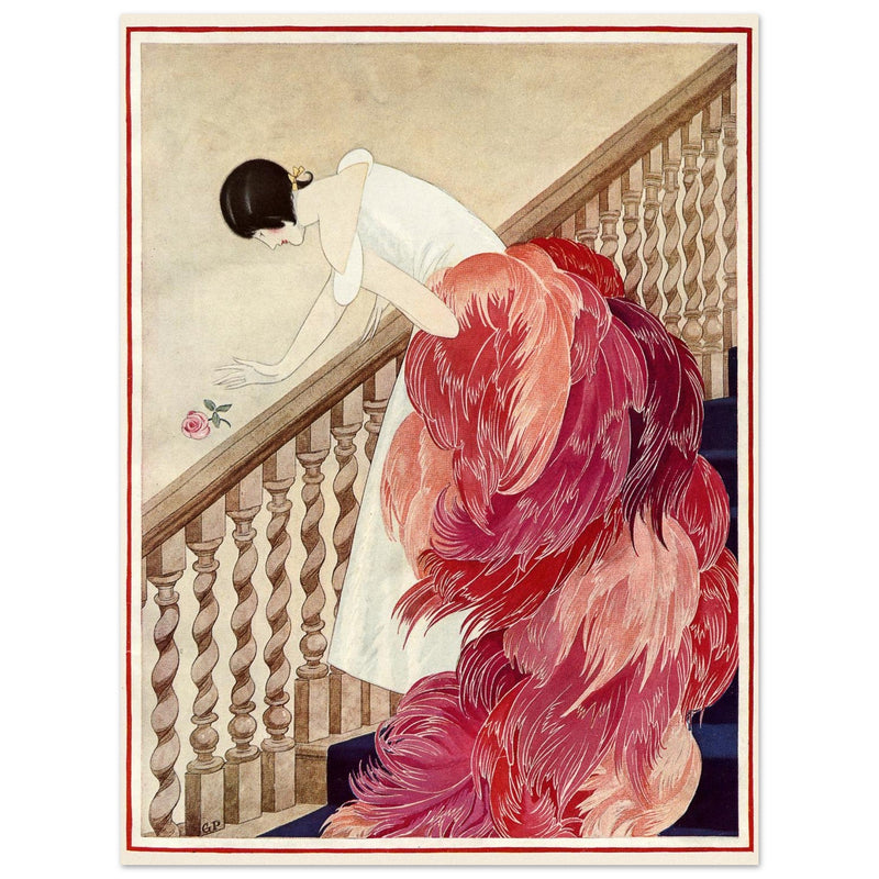 George Wolfe Plank vintage fashion magazine illustration. Woman on staircase throwing down rose flower.