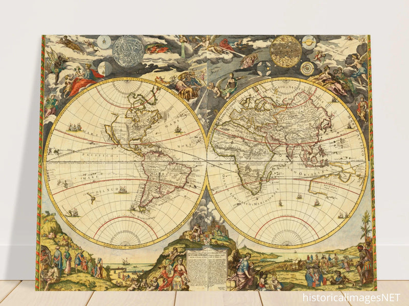 1700 Vintage historic world map poster reproduction by Paolo Petrini.