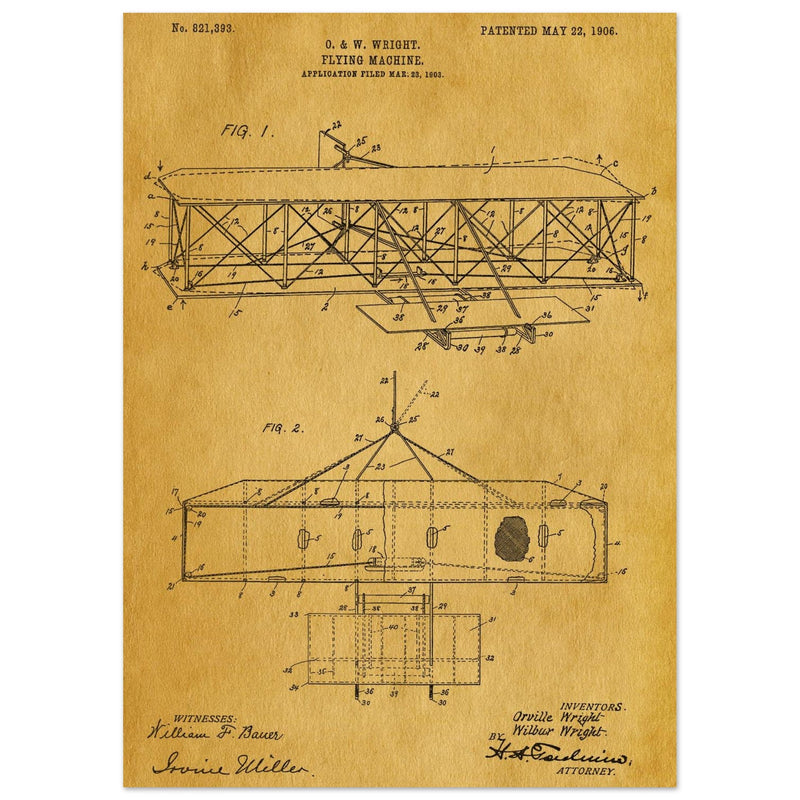 Flying machine patent 1906 by the Wright brothers. Vintage airplane.