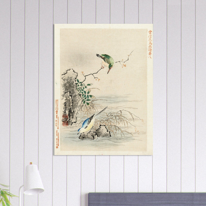 Kingfisher looking at bird near water by Kano Tsunenobu, 1893 .