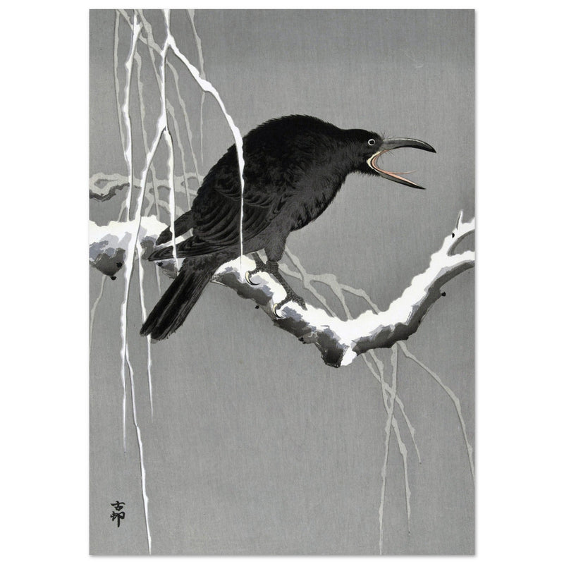 Crow on snowy tree branch by Ohara Koson, ,