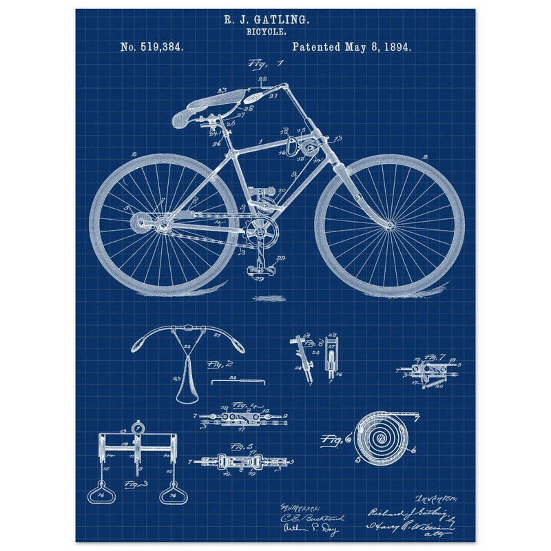 Vintage bicycle patent by Richard J Gatling 1894