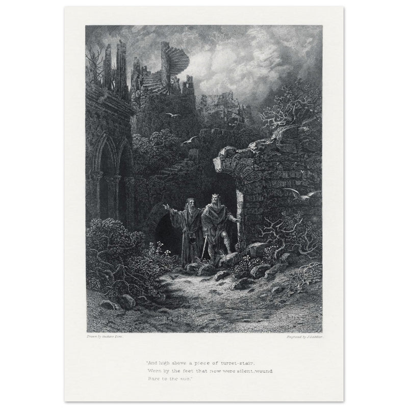 Gustave Dore illustration of King Arthur legends. Yniol Shows Prince Geraint His Ruined Castle. Idylls of the King by Alfred Tennyson