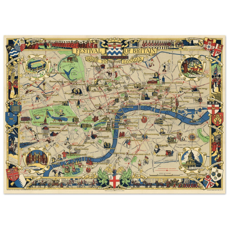 London 1951 vintage city map . Landmarks and places of interest in London.