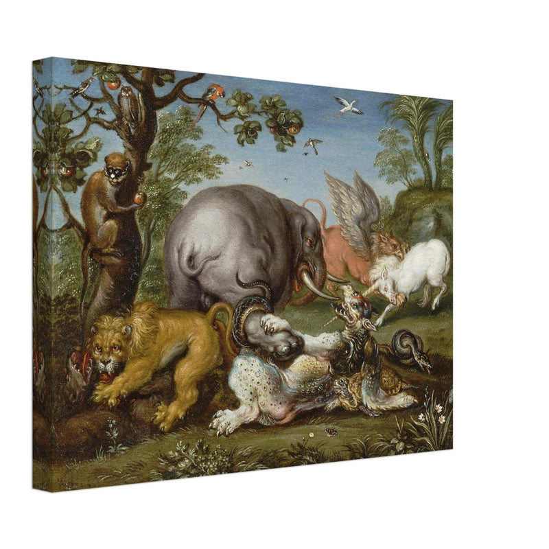 Battle of the beasts painting by Circle of Roelandt Savery  XVII Century.