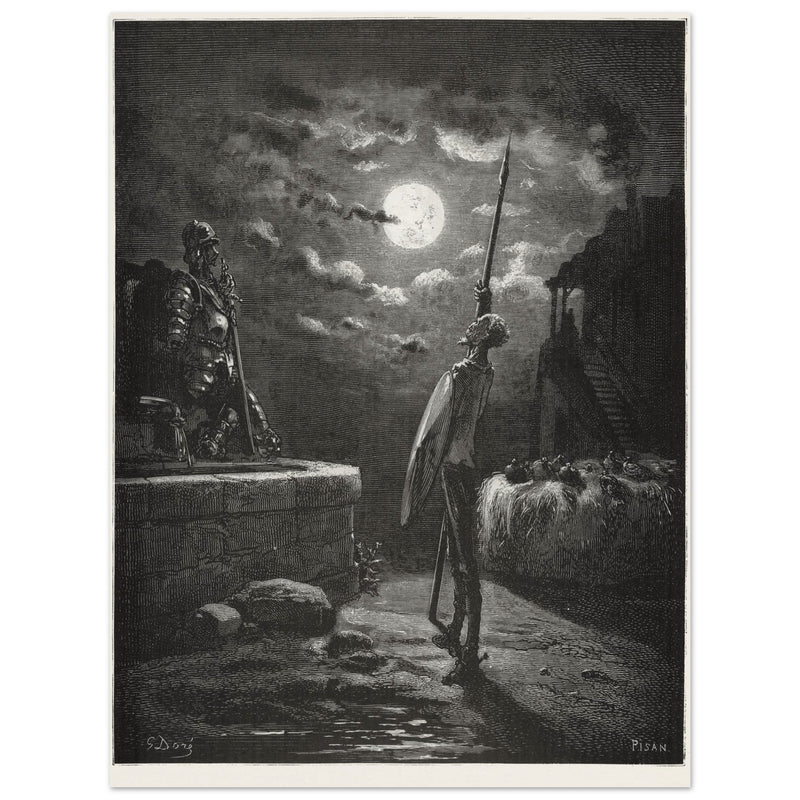 Don Quixote by Gustave Dore. The knight raising his sword against the moon at night.