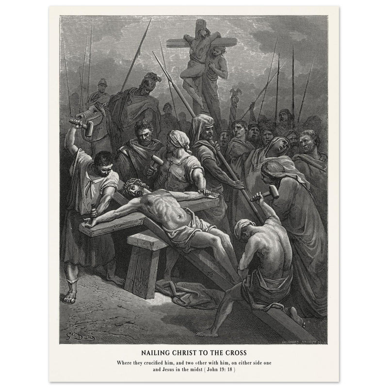 Gustave Dore The Bible engraving print . Nailing Christ to the cross illustration .