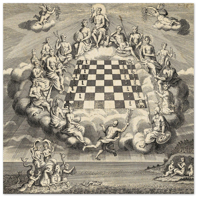Gods of Olympus Surrounding a Chess Board by John Carwitham .