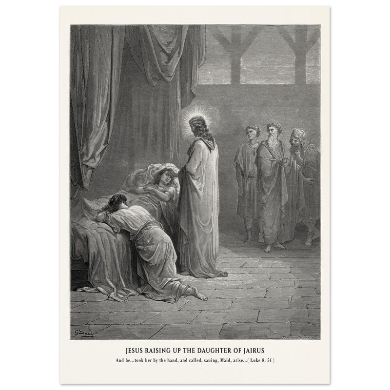 Gustave Dore The Bible engraving print . Jesus raising up the daughter of Jairus miracle .