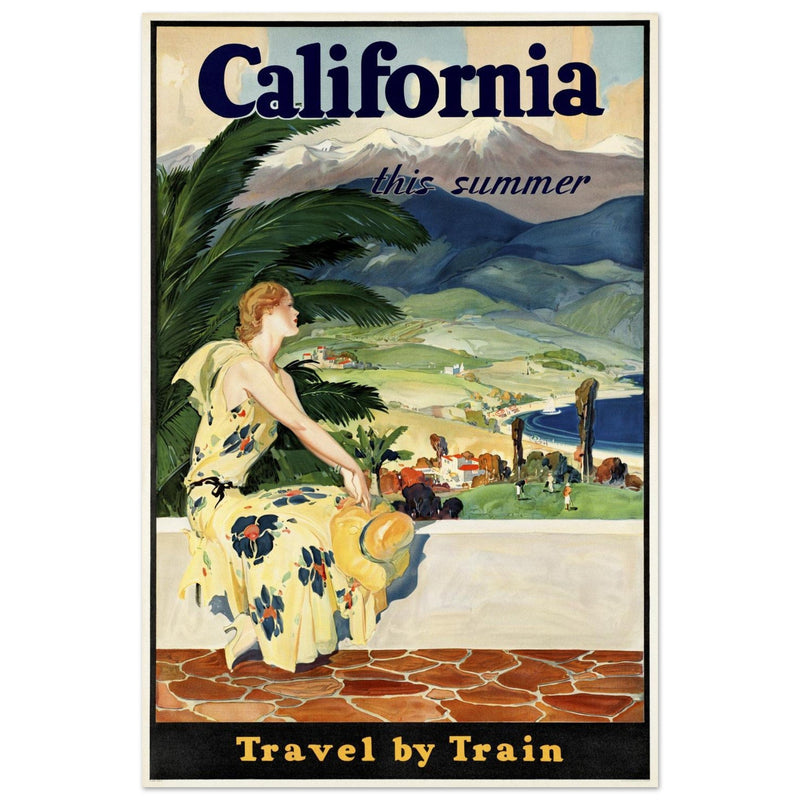California this summer Travel by Train vintage poster. Travel advertising print.