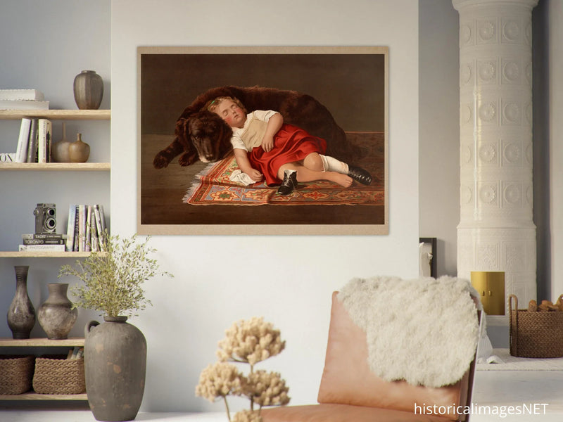 Young girl sleeping with her dog vintage poster reproduction 1871