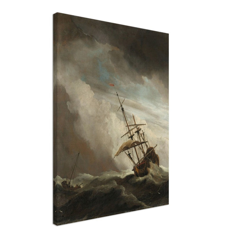 Willem van de Velde A Ship on the High Seas Caught by a Squall, Known as The Gust. Old marine painting. Stormy sea.
