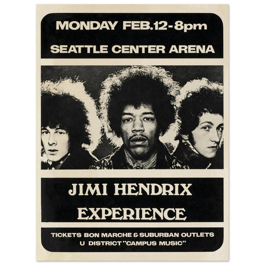 Jimi Hendrix concert poster of his performance at the Seattle Center Arena in 1968.