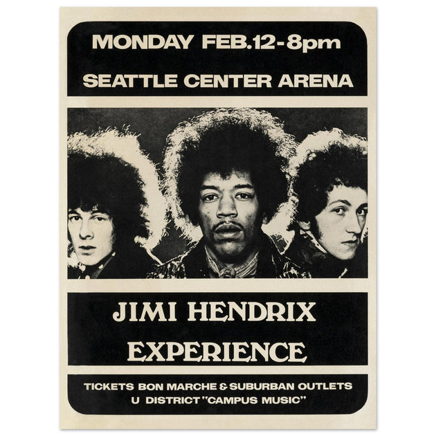 Jimi Hendrix concert poster of his performance at the Seattle Center Arena in 1968.