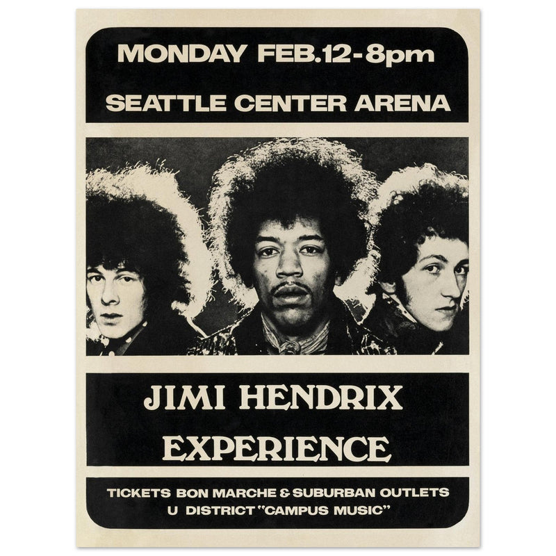 Jimi Hendrix concert poster of his performance at the Seattle Center Arena in 1968.