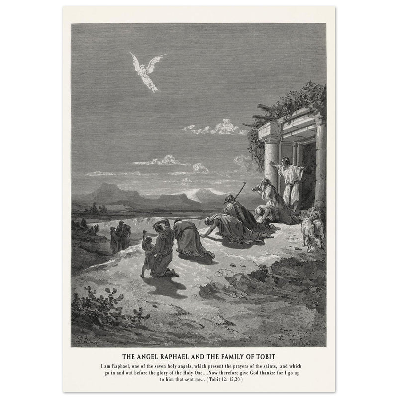 Gustave Dore The Bible engraving print . The angel Raphael and the family of Tobit.