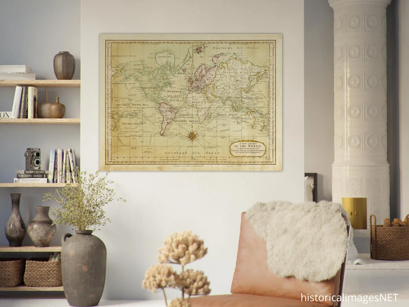 Ancient vintage world map Mercator's projection by Samuel Dumm 1794