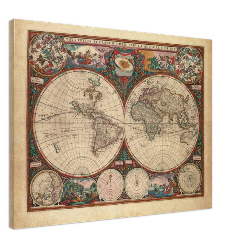 1660 Ancient old world map. Double hemisphere antique map reproduction.