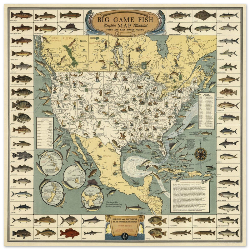 Fresh and Salt Water Big Game Fishing illustrated vintage map by Joe Godfrey Jr and Gordon Ertz