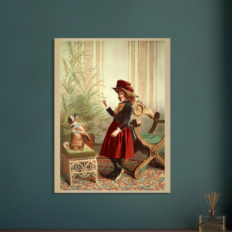 Young girl holding up piece of food in front of begging dog vintage illustration poster 1890