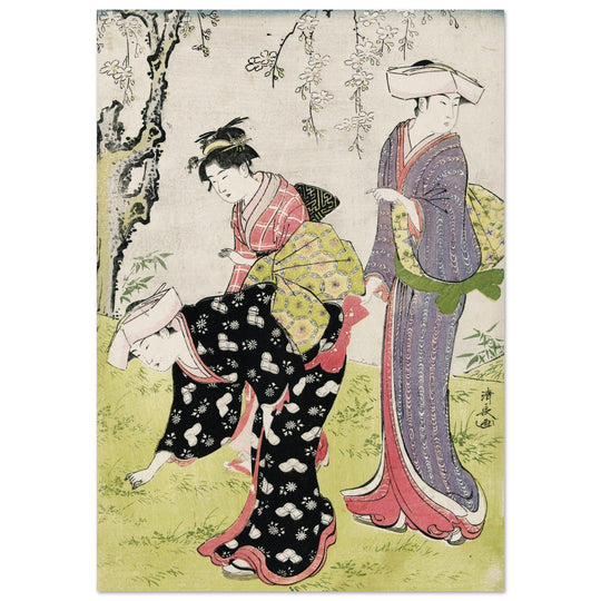 Two women and a girl under a blossoming cherry tree by Torii Kiyonaga XVIII Century Woodblock print reproduction .