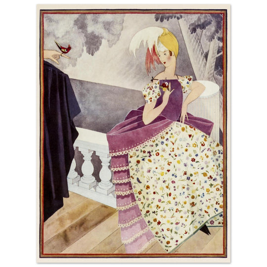 George Wolfe Plank vintage illustration for a fashion magazine cover. Portrait sitter watching bird