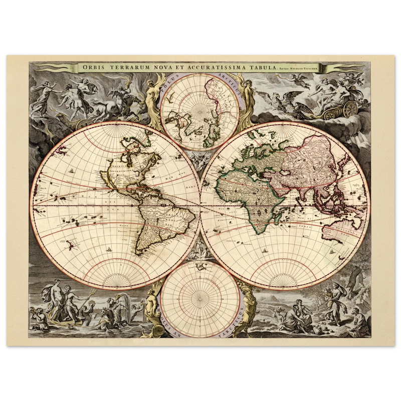 Antique world map print reproduction of the XVII Century. Orbis terrarum nova by Nicolaes Visscher II