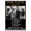 Pink Floyd music concert poster part of tour 72 Rainbow Theatre London.