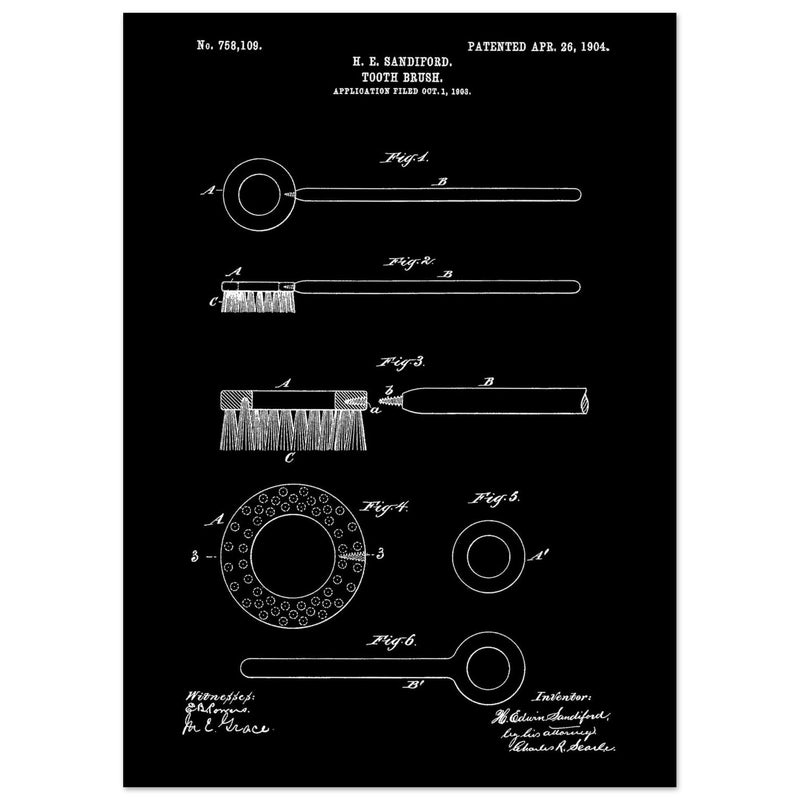 Toothbrush patent illustration by H E Sandiford.