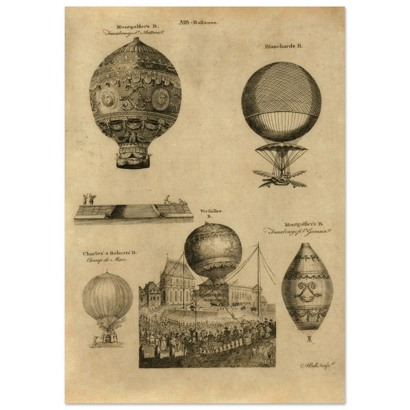 Early balloon ascensions in France. XVIII Century illustration drawing.