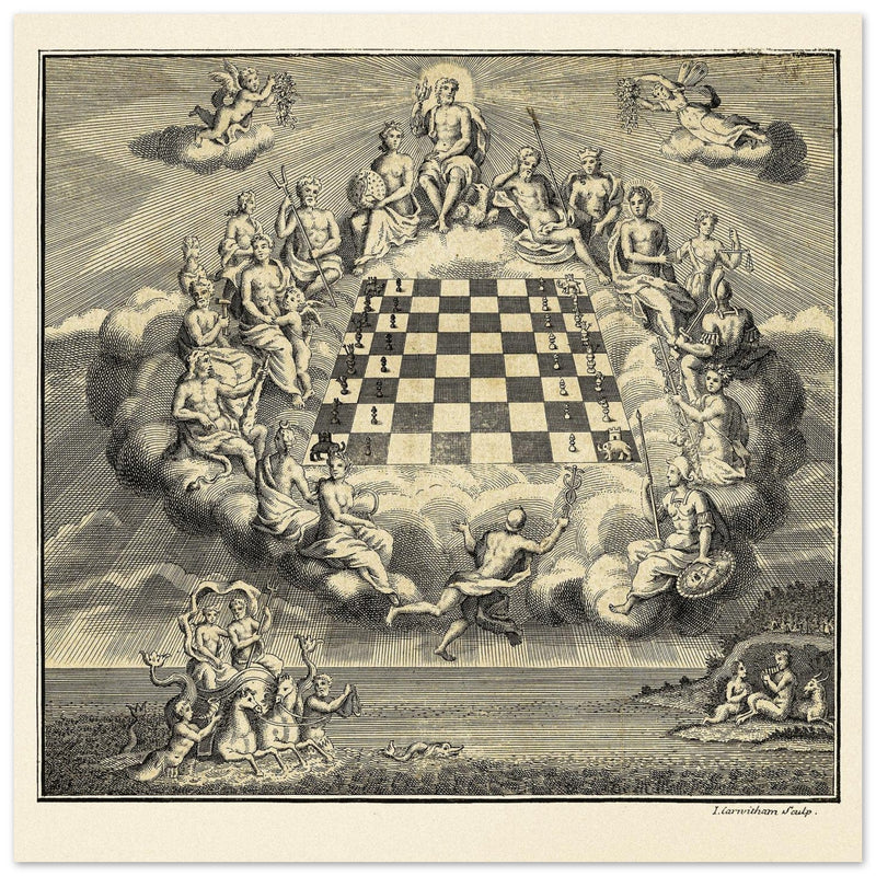 Gods of Olympus Surrounding a Chess Board by John Carwitham .