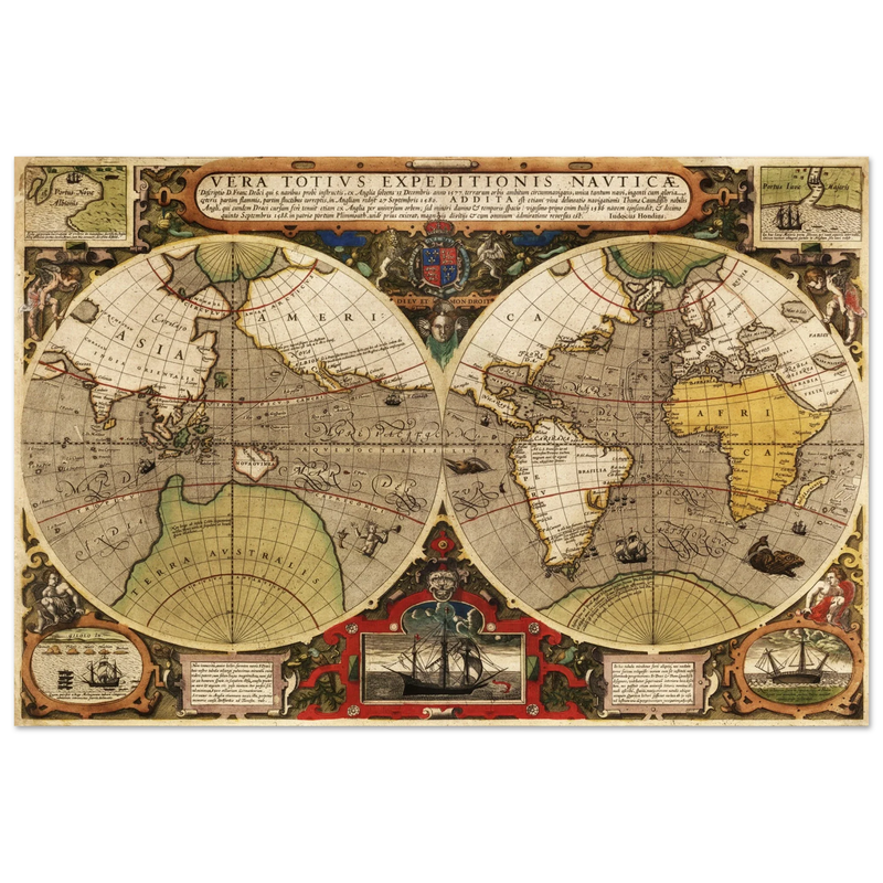 Vera Totius Expeditionis Nauticae double hemisphere map by Jodocus Hondius