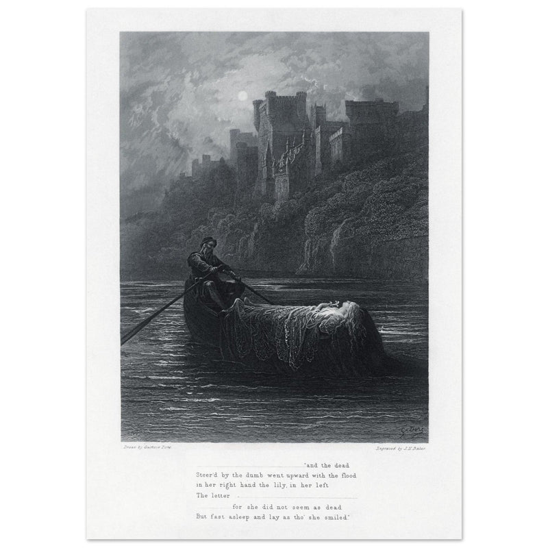 Gustave Dore illustration .The Body of Elaine on its way to King Arthur's Palace. Idylls of the King by Alfred Tennyson.
