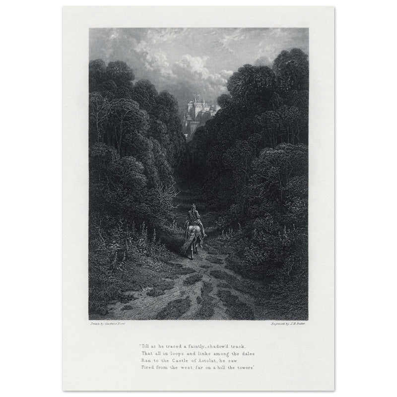 Gustave Dore illustration of King Arthur legend .Lancelot approaching the Castle of Astolat, Idylls of the King by Alfred Tennyson.