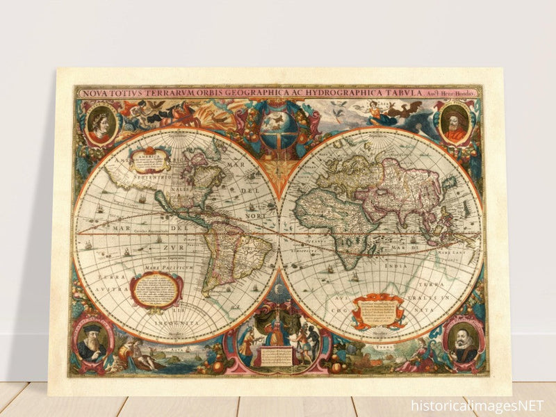 1638 Double hemisphere old world map by Hendrik Hondius.